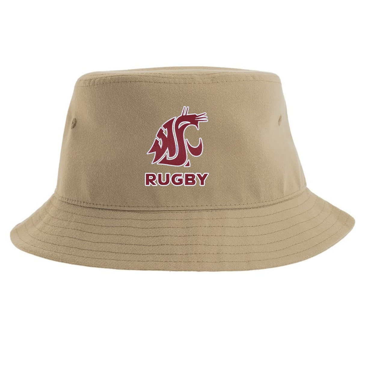 Introducing the Washington State Rugby Sustainable Bucket Hat by EMB S&S Activewear, crafted from recycled polyester in a versatile beige color. This eco-friendly accessory features the Washington State Cougars logo and “RUGBY” printed in bold red and white on the front—an essential piece for any dedicated Washington State Rugby supporter.