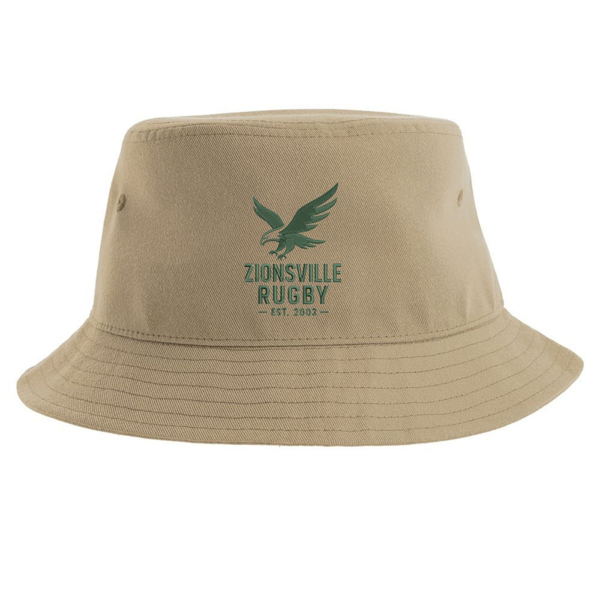 The Zionsville Rugby Sustainable Bucket Hat by EMB S&S Activewear is crafted from recycled polyester in beige, featuring a green eagle graphic and "Zionsville Rugby Est. 2003" printed on the front.