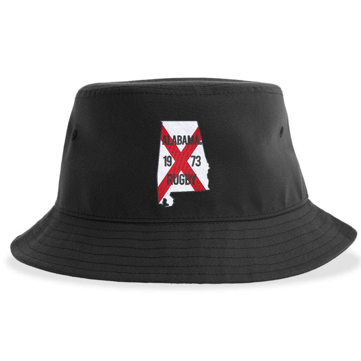 The University of Alabama Rugby Sustainable Bucket Hat by EMB S&S Activewear is crafted from recycled polyester and features a patch with the Alabama state outline, a red X, and bold black "ALABAMA RUGBY 1973" text—making it an eco-friendly choice for University of Alabama Rugby fans.
