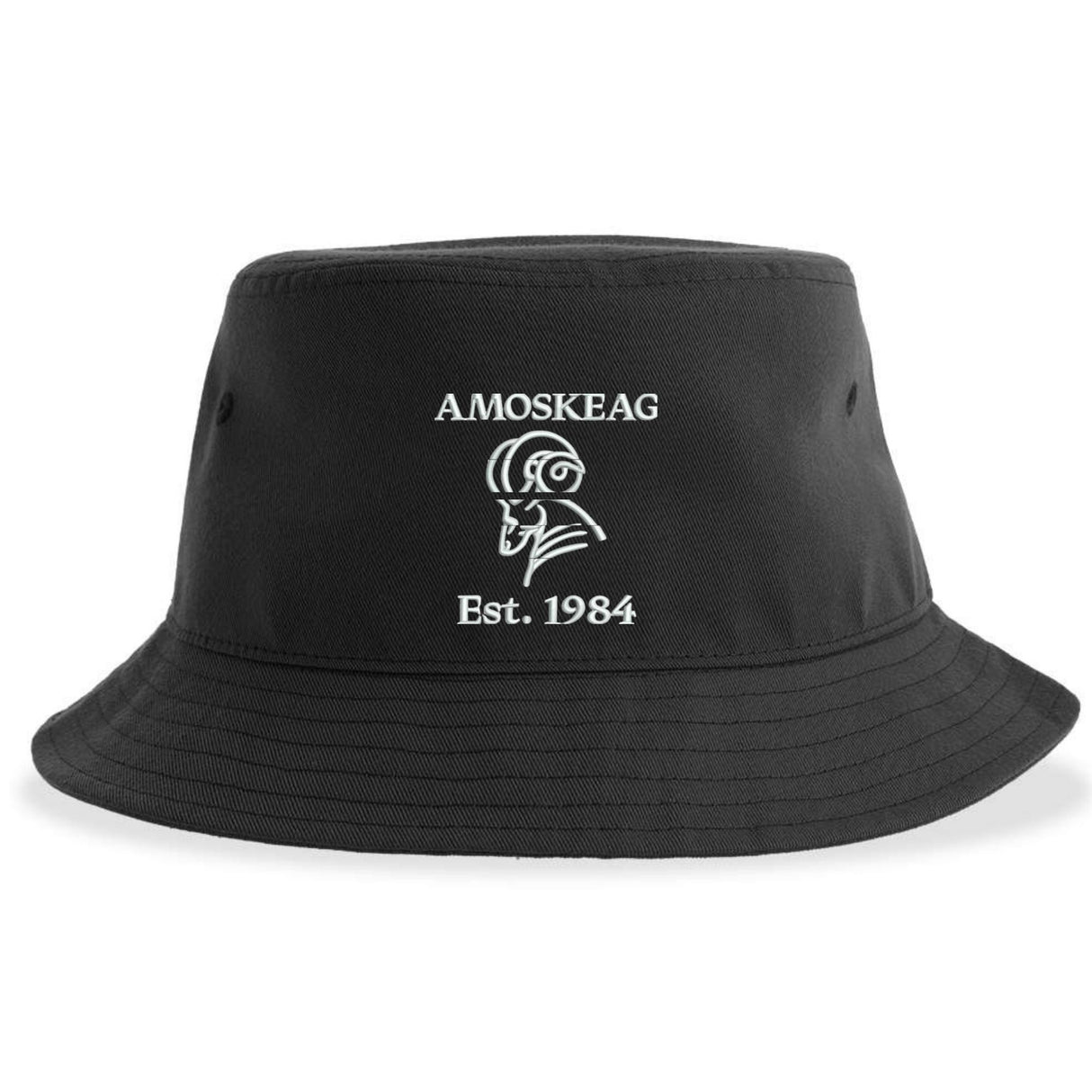 The Amoskeag Rugby Sustainable Bucket Hat by EMB S&S Activewear is a black, custom-made hat featuring "AMOSKEAG" text, a stylized ram logo, and "Est. 1984" embroidered in white on the front; this eco-friendly bucket hat is crafted with care and designed for lasting style.