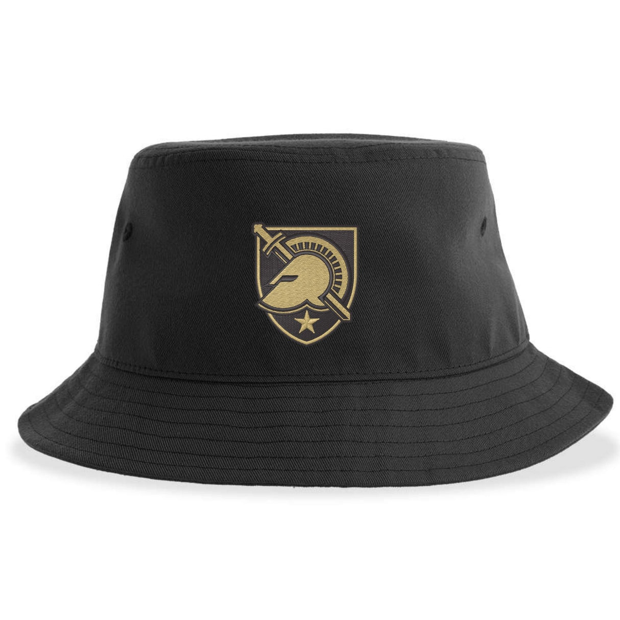 The West Point Rugby Sustainable Bucket Hat by EMB S&S Activewear features a black design with a gold emblem showcasing a Spartan helmet, sword, shield, and star on the front. Crafted from recycled polyester, this hat offers both style and sustainability.