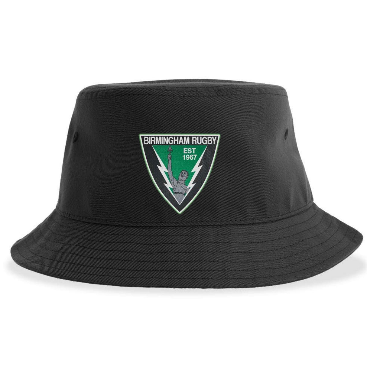 The Birmingham Vulcans Rugby Sustainable Bucket Hat by EMB S&S Activewear is crafted from recycled polyester for an eco-friendly touch. This black bucket hat features a patch with a green and white design, displaying the text "Birmingham Rugby Est 1967" along with a stylized rugby ball and leaf.