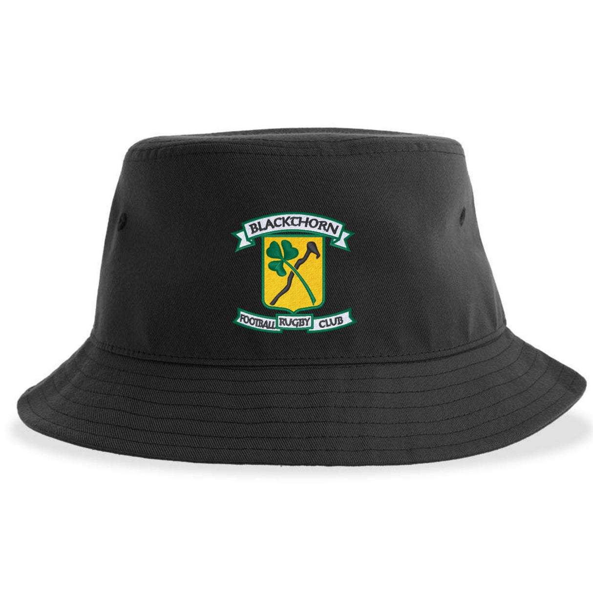The Blackthorn Rugby Sustainable Bucket Hat by EMB S&S Activewear is a black recycled polyester bucket hat featuring the Blackthorn Football Rugby Club logo with a green shamrock and yellow shield on the front.