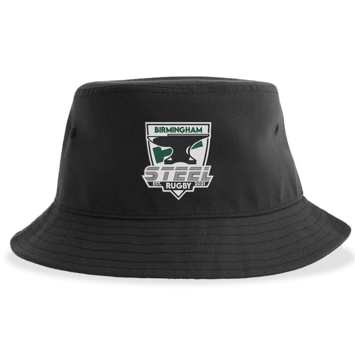 Introducing the Birmingham Steel Rugby Sustainable Bucket Hat by EMB S&S Activewear—crafted from recycled polyester for an eco-friendly touch. This black bucket hat showcases the Birmingham Steel Rugby team logo on the front, featuring a green and white shield and “Birmingham Steel Rugby Est. 2021” text—making it the perfect accessory to support your team both on and off the field.