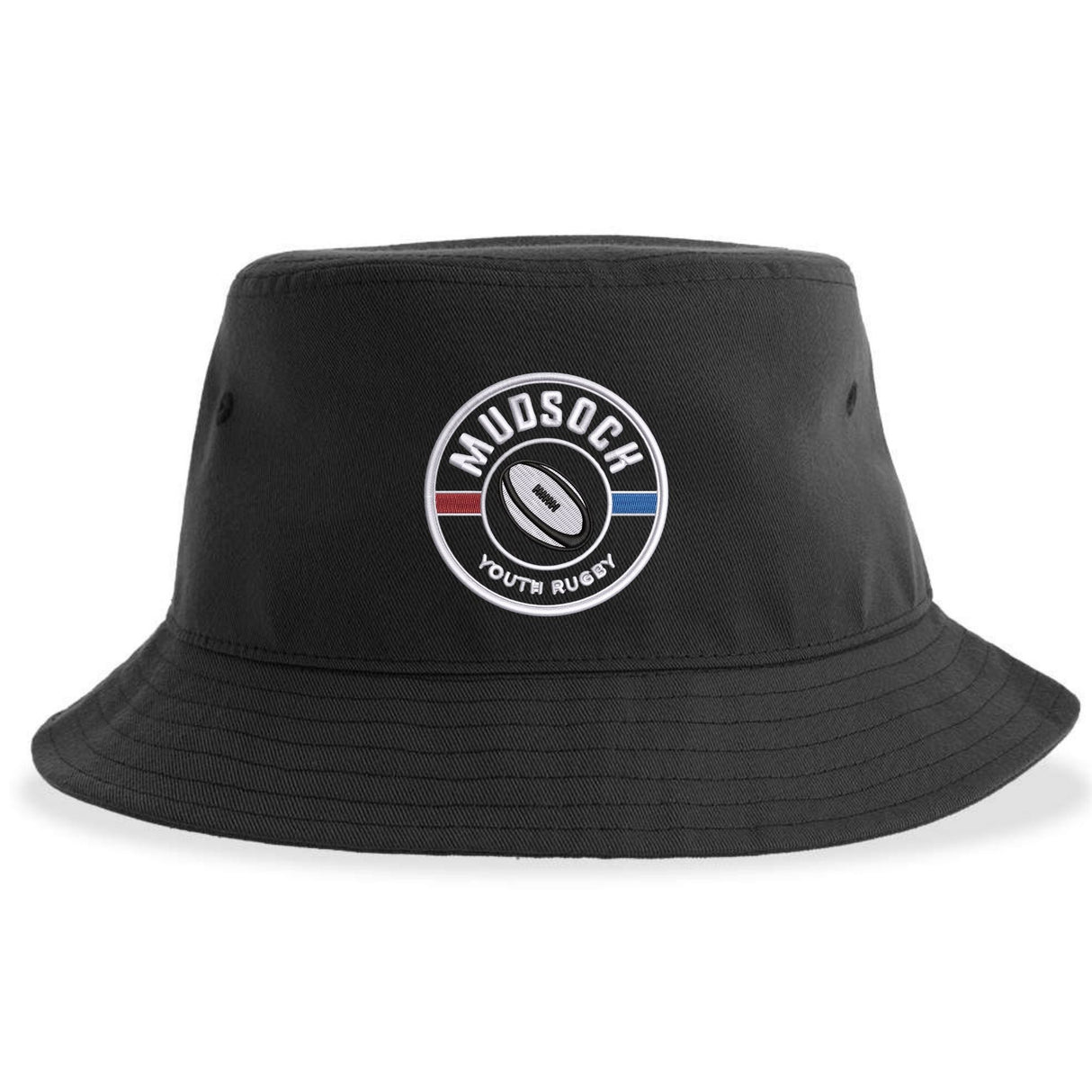 The Mudsock Youth Rugby Sustainable Bucket Hat by EMB S&S Activewear features a circular "Mudsock Youth Rugby" patch in black, white, red, and blue on the front. Made from recycled polyester for an eco-friendly touch.