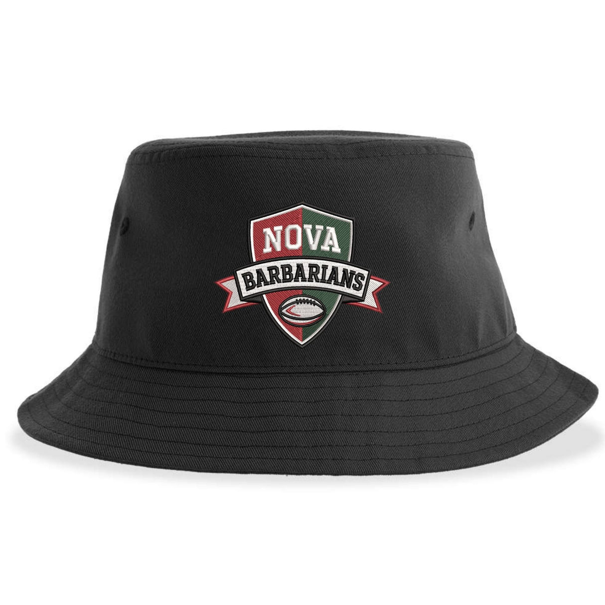 The NOVA Barbarians Rugby Sustainable Bucket Hat by EMB S&S Activewear features an embroidered "NOVA BARBARIANS" shield logo and a football graphic on the front. Made from recycled polyester, this eco-friendly bucket hat is ideal for fans who appreciate both style and sustainability.