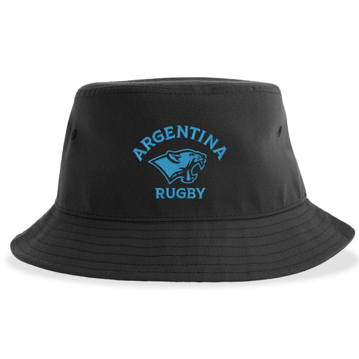 The Nations of Rugby Argentina Rugby Sustainable Bucket Hat by EMB S&S Activewear is a black bucket hat made from recycled polyester, showcasing a blue jaguar logo and the embroidered words "Argentina Rugby" on the front for an eco-friendly and stylish accessory.