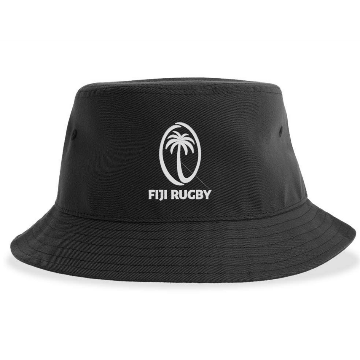 The Fiji Sustainable Bucket Hat by EMB S&S Activewear features a white palm tree logo above the text "FIJI RUGBY" on the front.