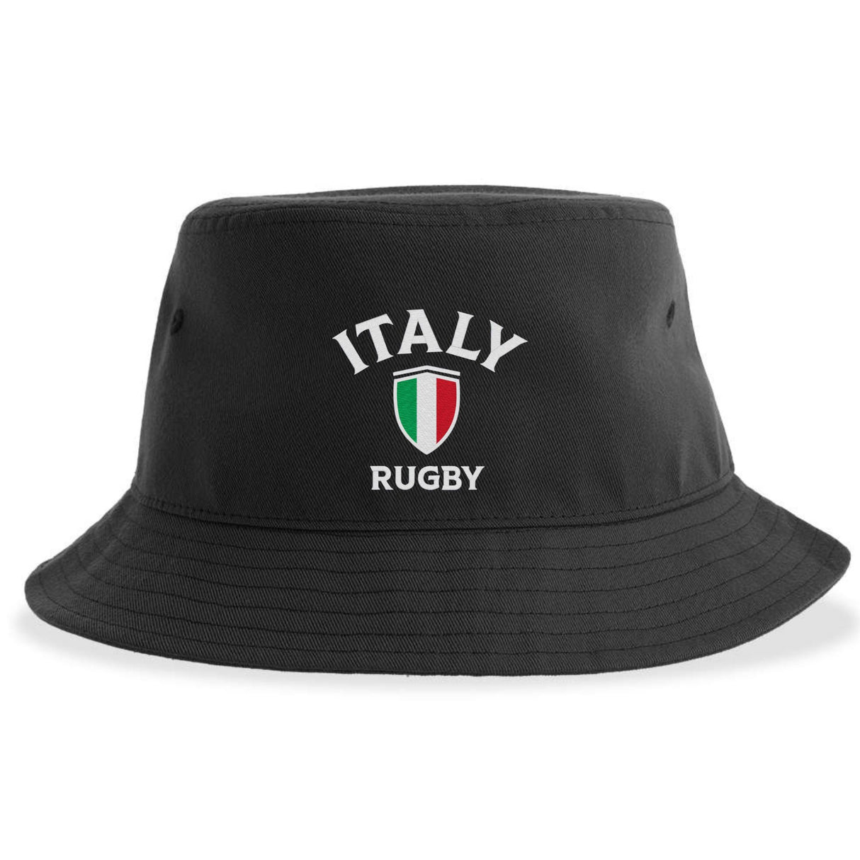 The Nations of Rugby Italy Rugby Sustainable Bucket Hat by EMB S&S Activewear features a black design with "ITALY RUGBY" and an Italian flag-colored shield printed on the front. Crafted from recycled polyester, this eco-friendly bucket hat is perfect for fans seeking a sustainable choice.