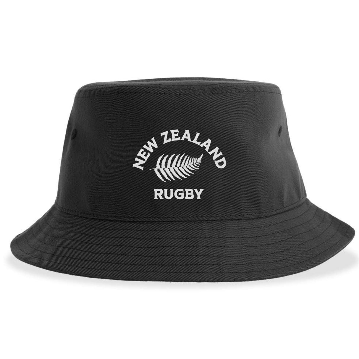 The Nations of Rugby New Zealand Rugby Sustainable Bucket Hat by EMB S&S Activewear features "New Zealand Rugby" and a white fern logo printed on the front. Made from recycled polyester, this eco-friendly bucket hat is the perfect choice for fans who value style and sustainability.