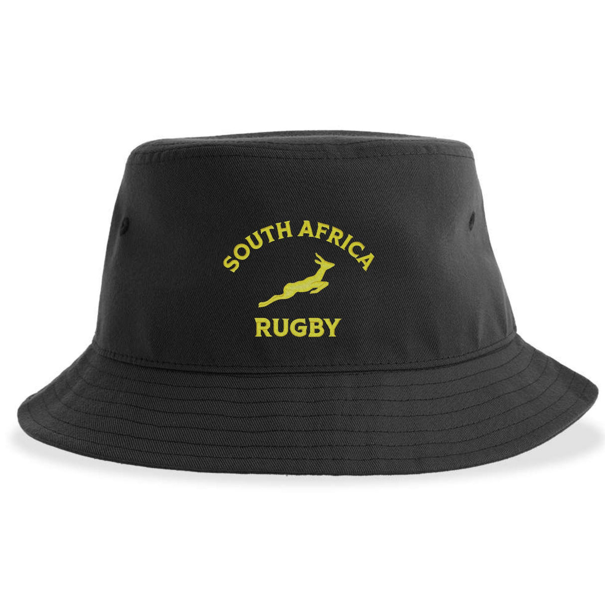 The Nations of Rugby South Africa Rugby Sustainable Bucket Hat by EMB S&S Activewear is crafted from recycled polyester and features a black design with yellow "South Africa Rugby" text and a leaping springbok logo on the front, offering a stylish and eco-friendly bucket hat option.