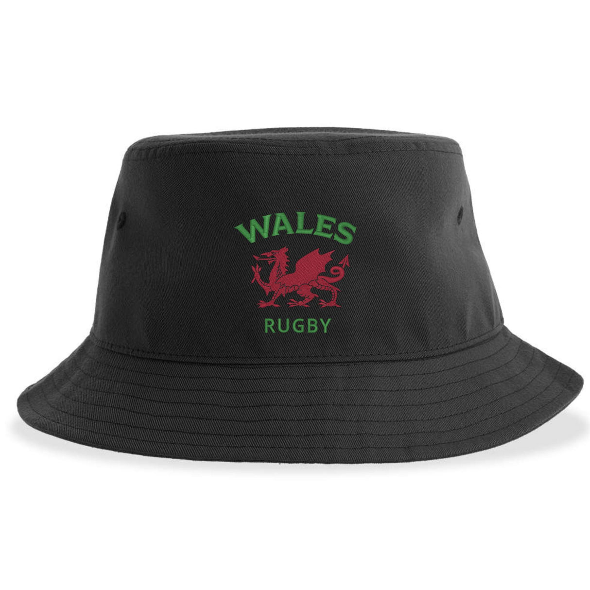 Introducing the Nations of Rugby Wales Rugby Sustainable Bucket Hat by EMB S&S Activewear—crafted from recycled polyester, this black bucket hat showcases "WALES RUGBY" text and an embroidered red dragon emblem on the front, making it a perfect eco-friendly choice for passionate fans.