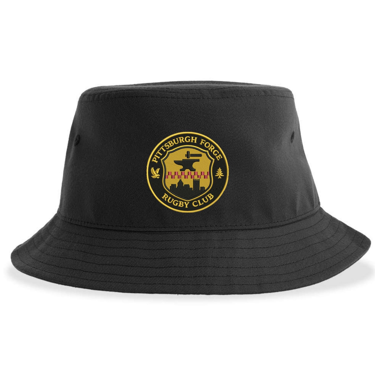 Introducing the Pittsburgh Forge Rugby Sustainable Bucket Hat by EMB S&S Activewear, featuring the club logo embroidered front and center, and crafted from recycled polyester for eco-friendly style.
