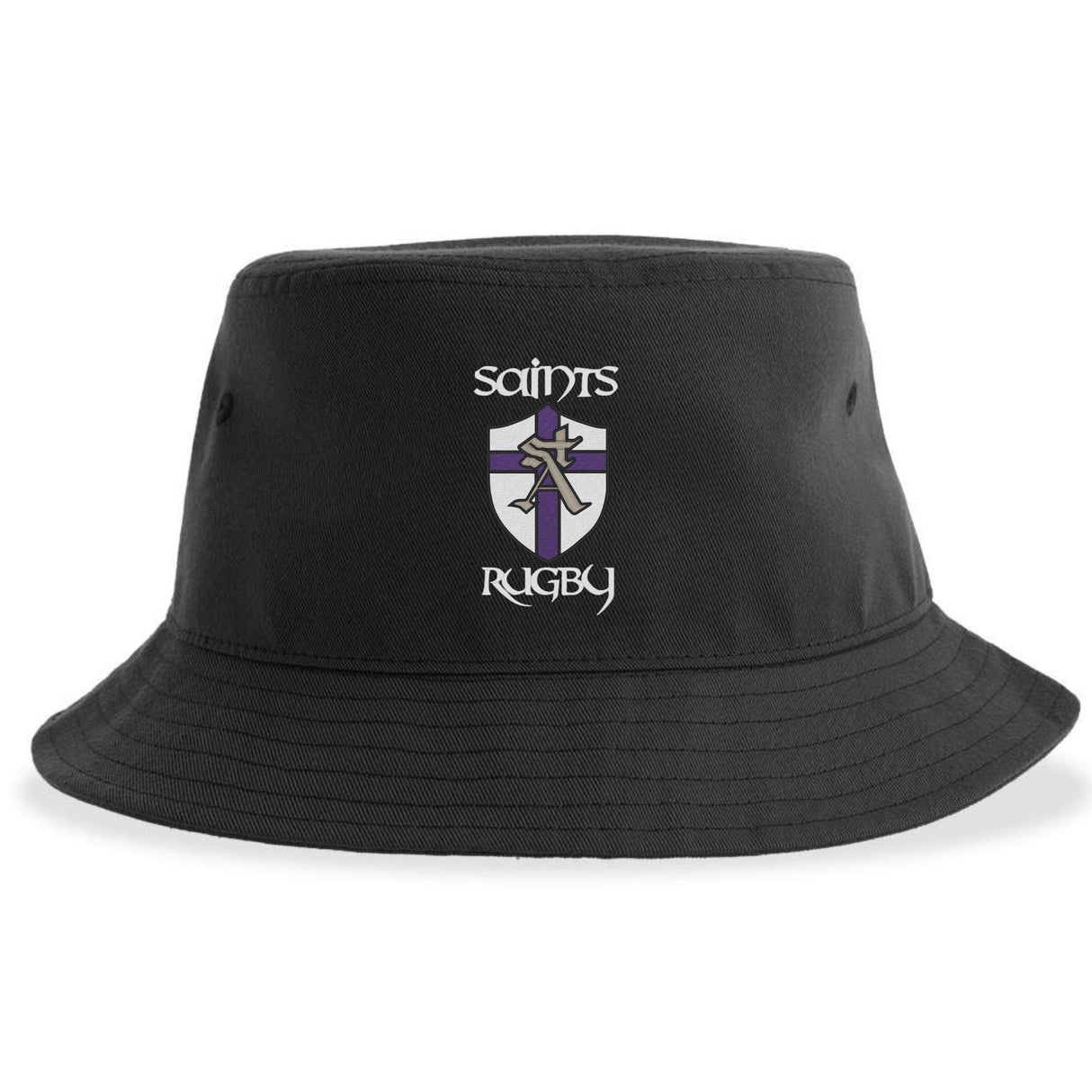 The St. Augustine Rugby Sustainable Bucket Hat by EMB S&S Activewear is a black bucket hat crafted from recycled polyester, featuring an embroidered shield logo with a cross and "Saints Rugby" stitched above and below the emblem.