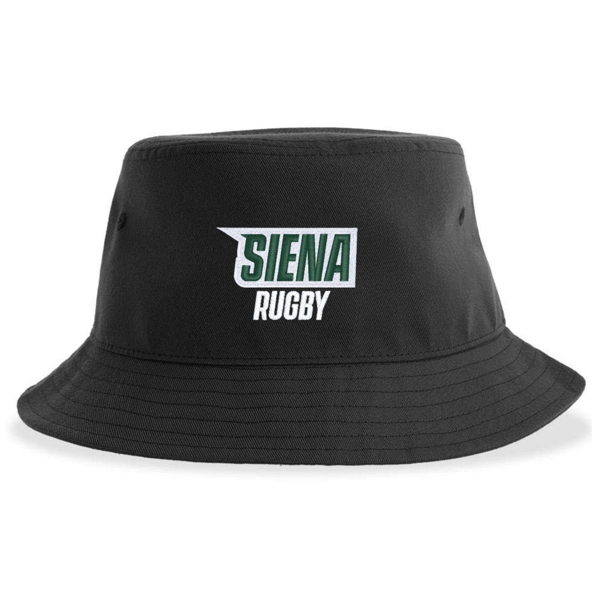 The Siena College Rugby Sustainable Bucket Hat by EMB S&S Activewear is made from recycled polyester and features "SIENA RUGBY" embroidered on the front in green and white letters—an ideal choice for any Siena College Rugby fan.