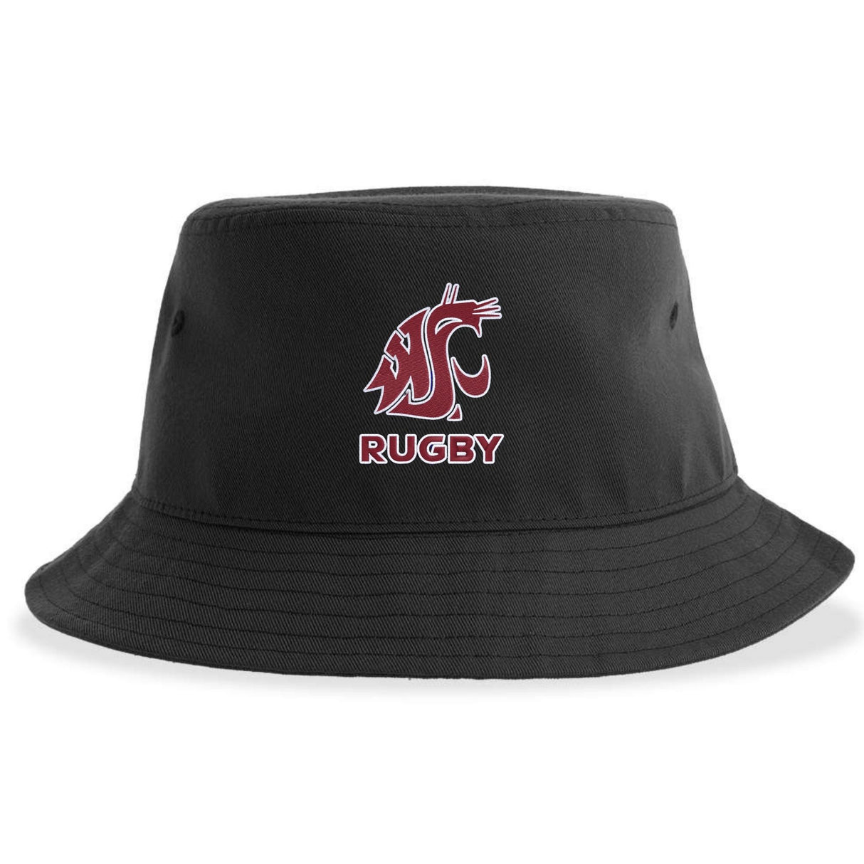 The Washington State Rugby Sustainable Bucket Hat by EMB S&S Activewear is a black, eco-friendly accessory made from recycled polyester. It features a red and white cougar logo above the word "RUGBY" embroidered on the front—perfect for any Washington State Rugby fan.