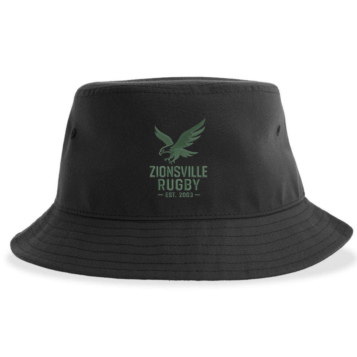 The Zionsville Rugby Sustainable Bucket Hat by EMB S&S Activewear is made from recycled polyester and showcases a black design with a green eagle logo and "Zionsville Rugby Est. 2003" embroidered on the front.