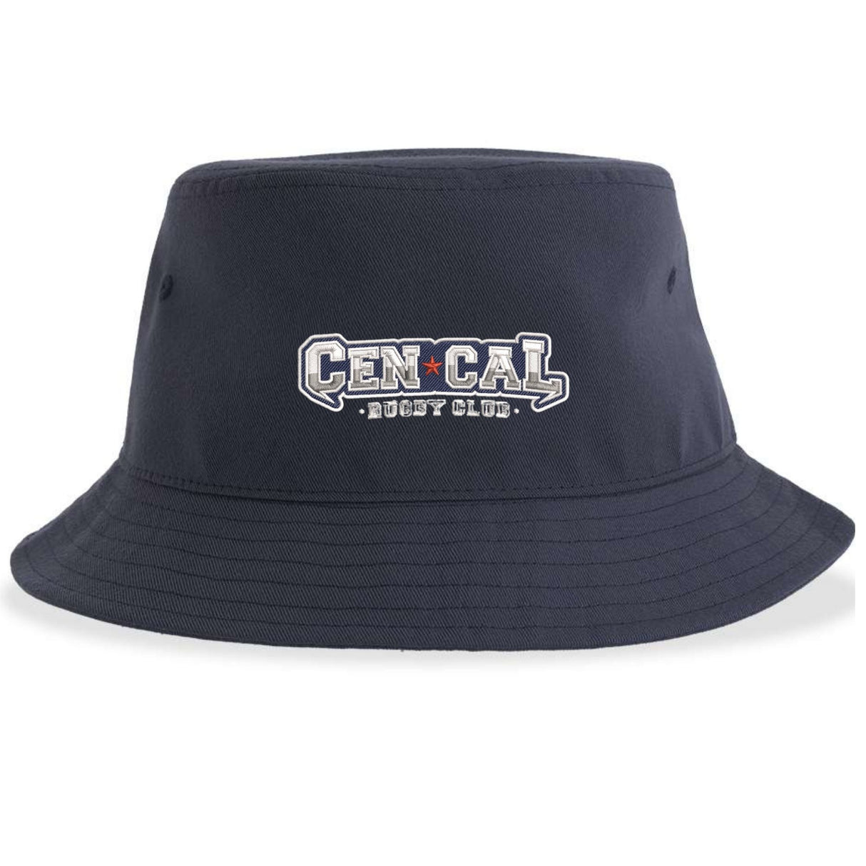 The CenCal Rugby Sustainable Bucket Hat by EMB S&S Activewear features "CEN CAL BOOT CLU" and a red star logo embroidered on the front in navy blue.