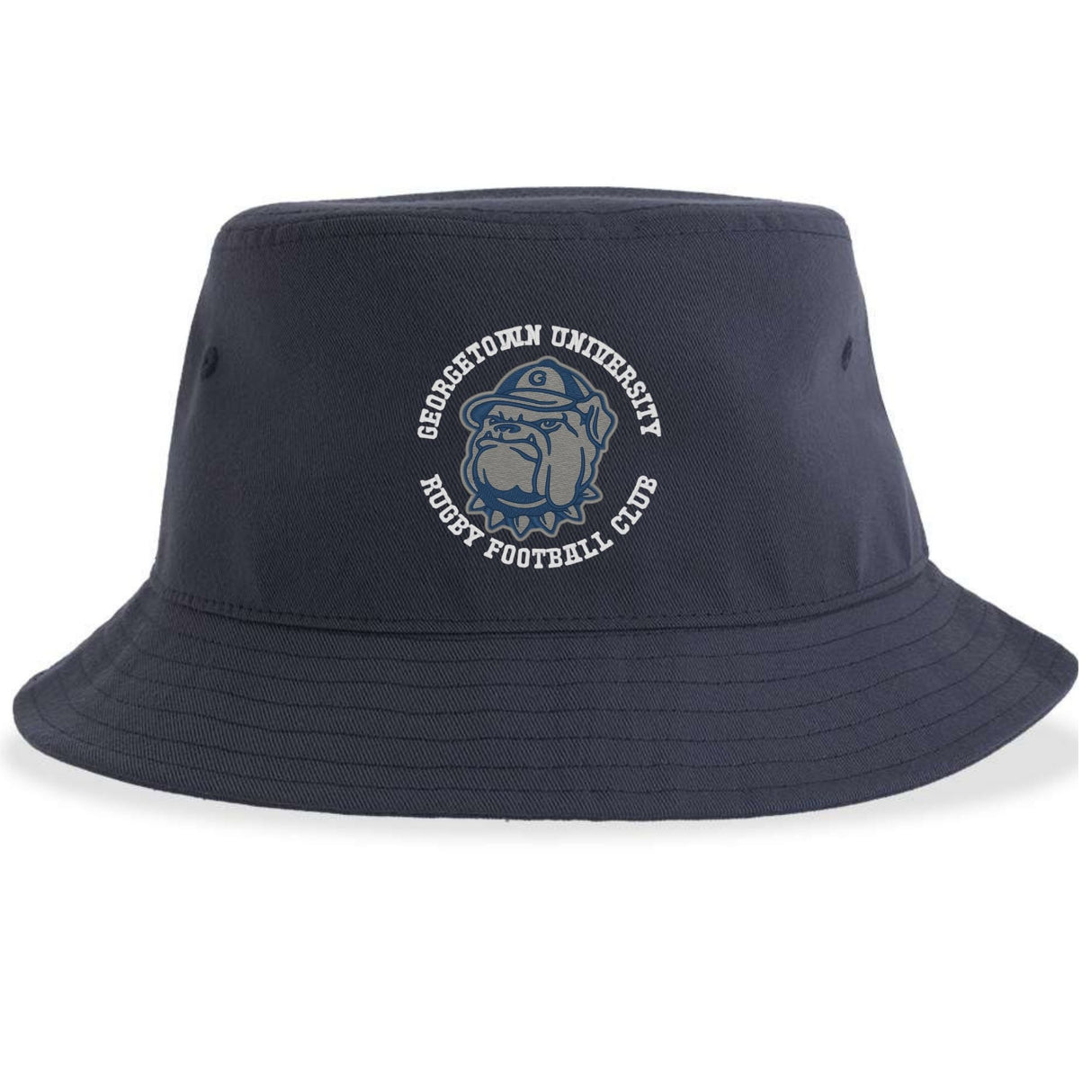The Georgetown University Rugby Sustainable Bucket Hat by EMB S&S Activewear is a navy bucket hat crafted from recycled polyester, featuring the Georgetown University Rugby Football Club logo with a bulldog graphic on the front.