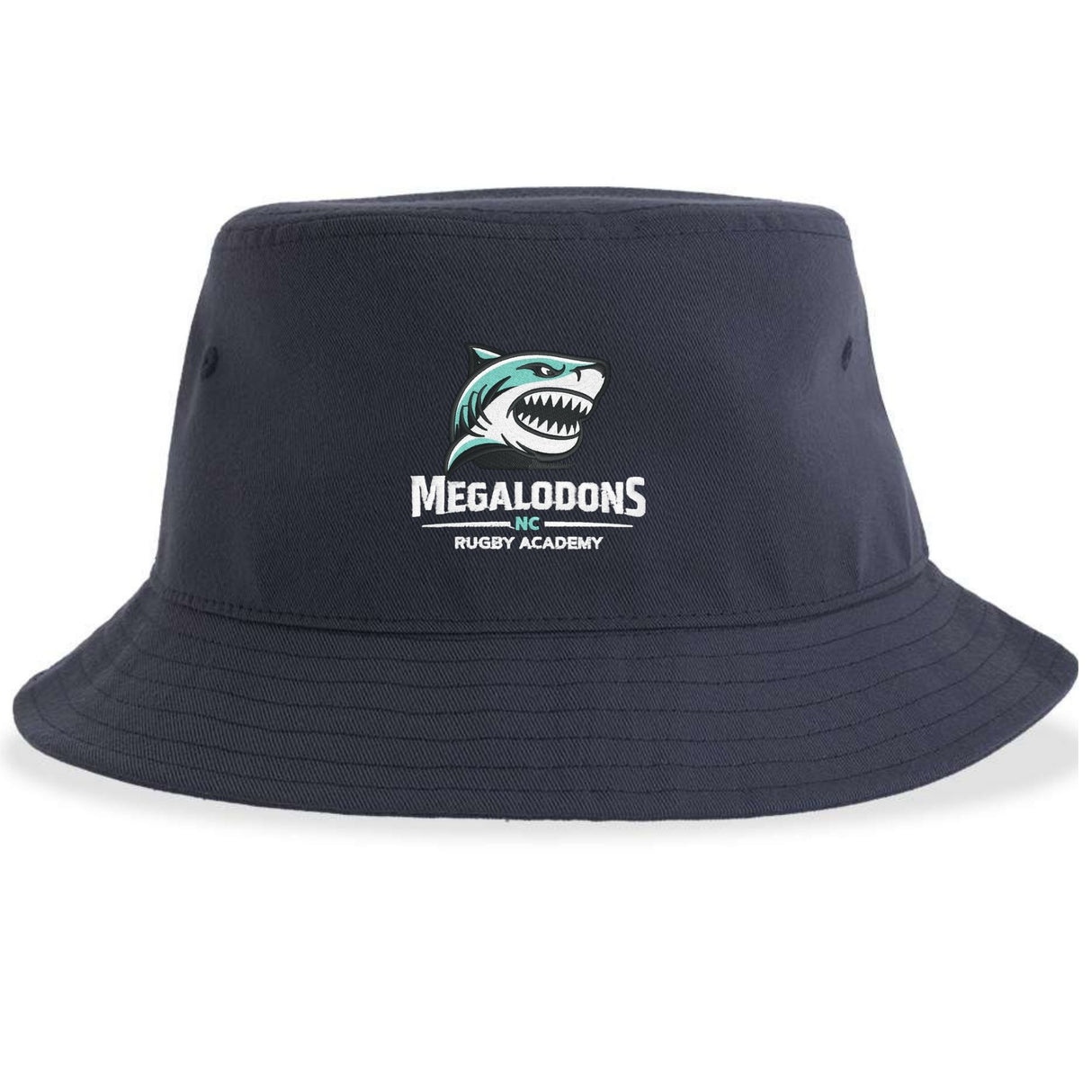 The NC Megalodons Rugby Academy Sustainable Bucket Hat by EMB S&S Activewear features navy blue fabric with an embroidered shark logo and the phrase "MEGALODONS INC RUGBY ACADEMY" on the front, showcasing the spirit of the NC Megalodons.