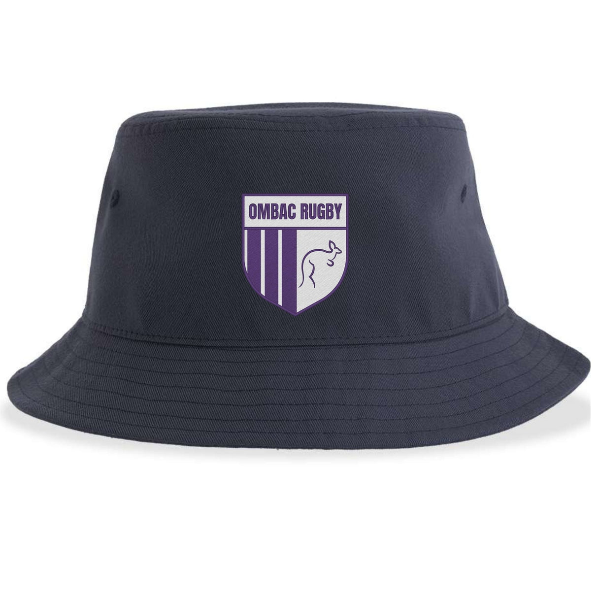 Introducing the OMBAC Rugby Sustainable Bucket Hat by EMB S&S Activewear—a navy blue bucket hat made from recycled polyester for an eco-friendly choice. It features a purple and white OMBAC Rugby shield logo with stripes and a wave graphic on the front.