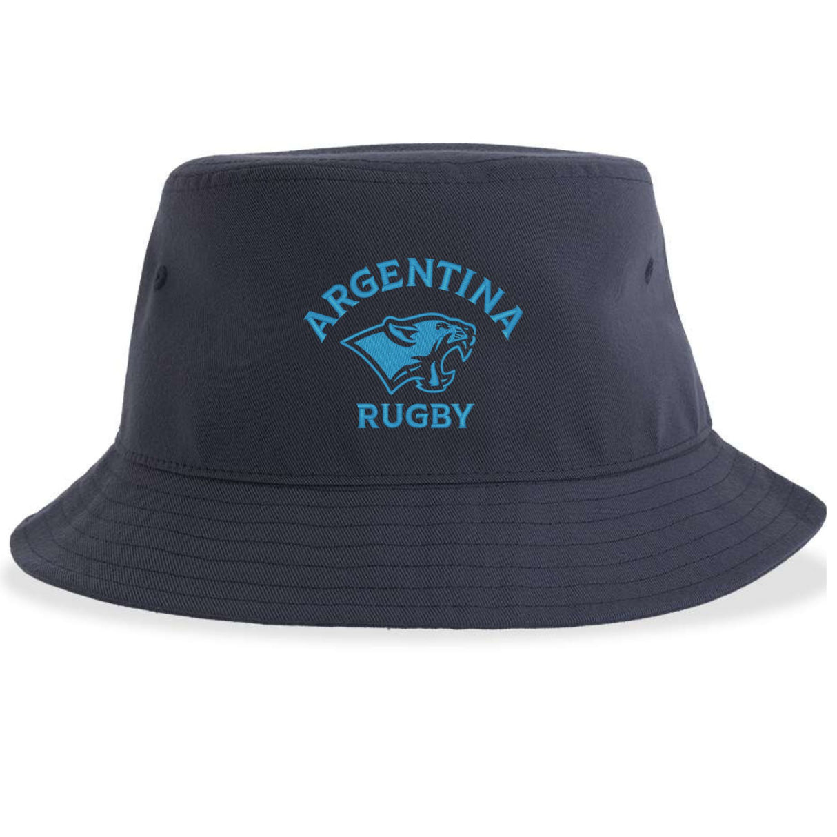 Show your team pride with the EMB S&S Activewear Nations of Rugby Argentina Rugby Sustainable Bucket Hat. This navy blue bucket hat features "Argentina Rugby" and a stylized puma logo embroidered in light blue on the front. Made from recycled polyester, it offers an eco-friendly way to support your team in style.