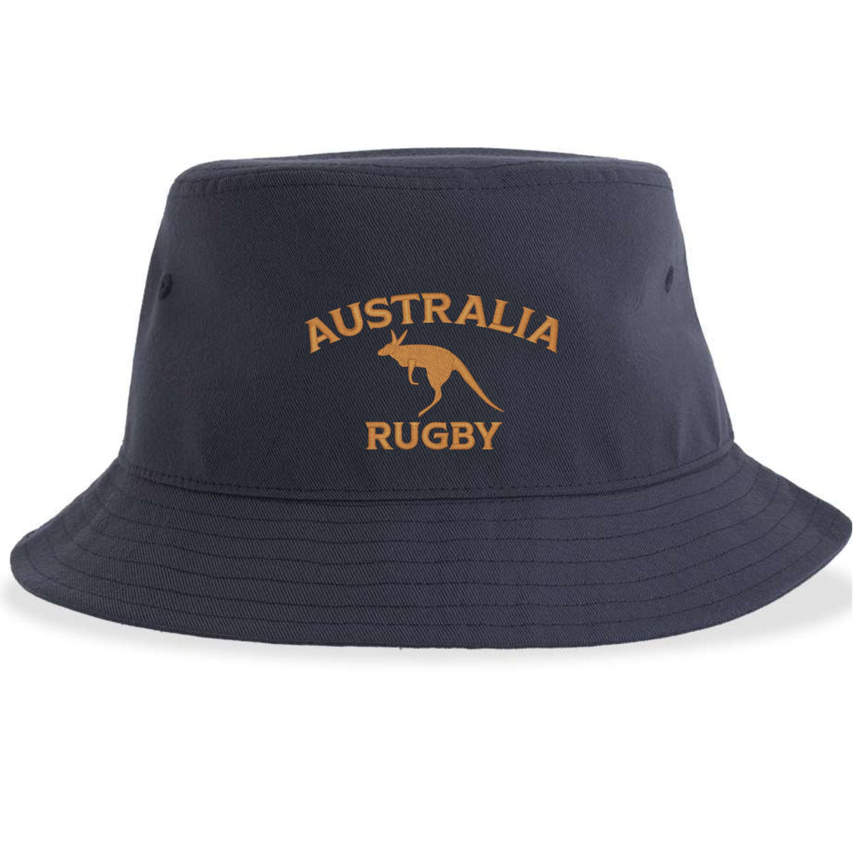 Introducing the Nations of Rugby Australia Rugby Sustainable Bucket Hat by EMB S&S Activewear—crafted from recycled polyester in navy blue, this hat features "Australia Rugby" and a gold kangaroo logo on the front, making it the perfect eco-friendly choice for fans.