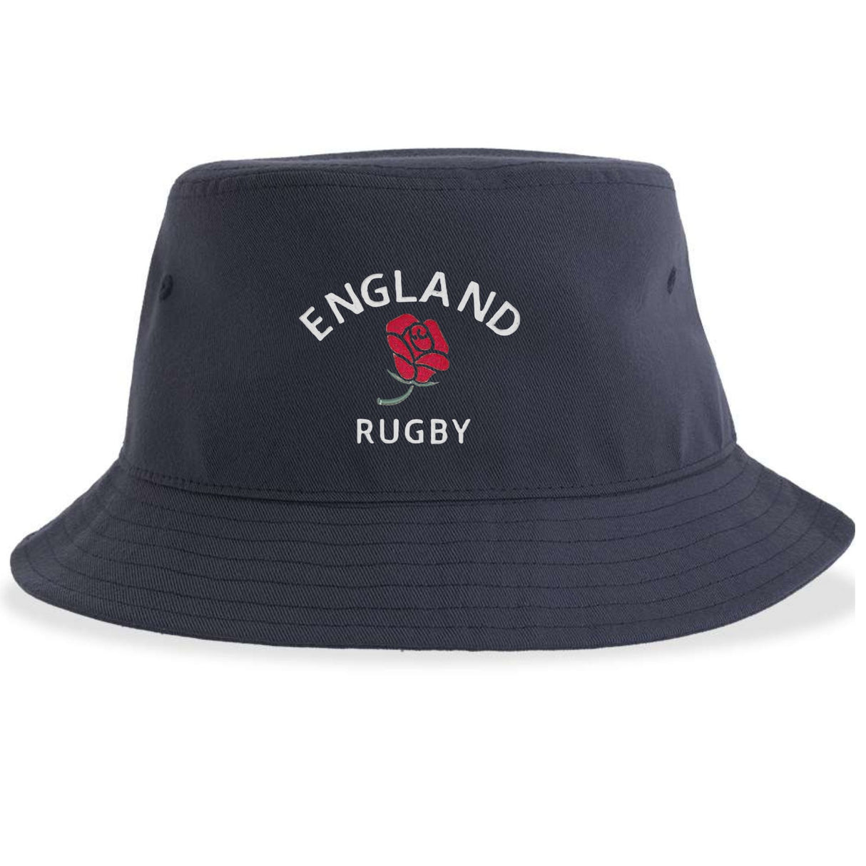 Show your support with the Nations of Rugby England Rugby Sustainable Bucket Hat by EMB S&S Activewear, featuring "ENGLAND RUGBY" text and an embroidered red rose emblem on the front. Crafted from recycled polyester, this eco-friendly bucket hat blends classic style with sustainable materials.