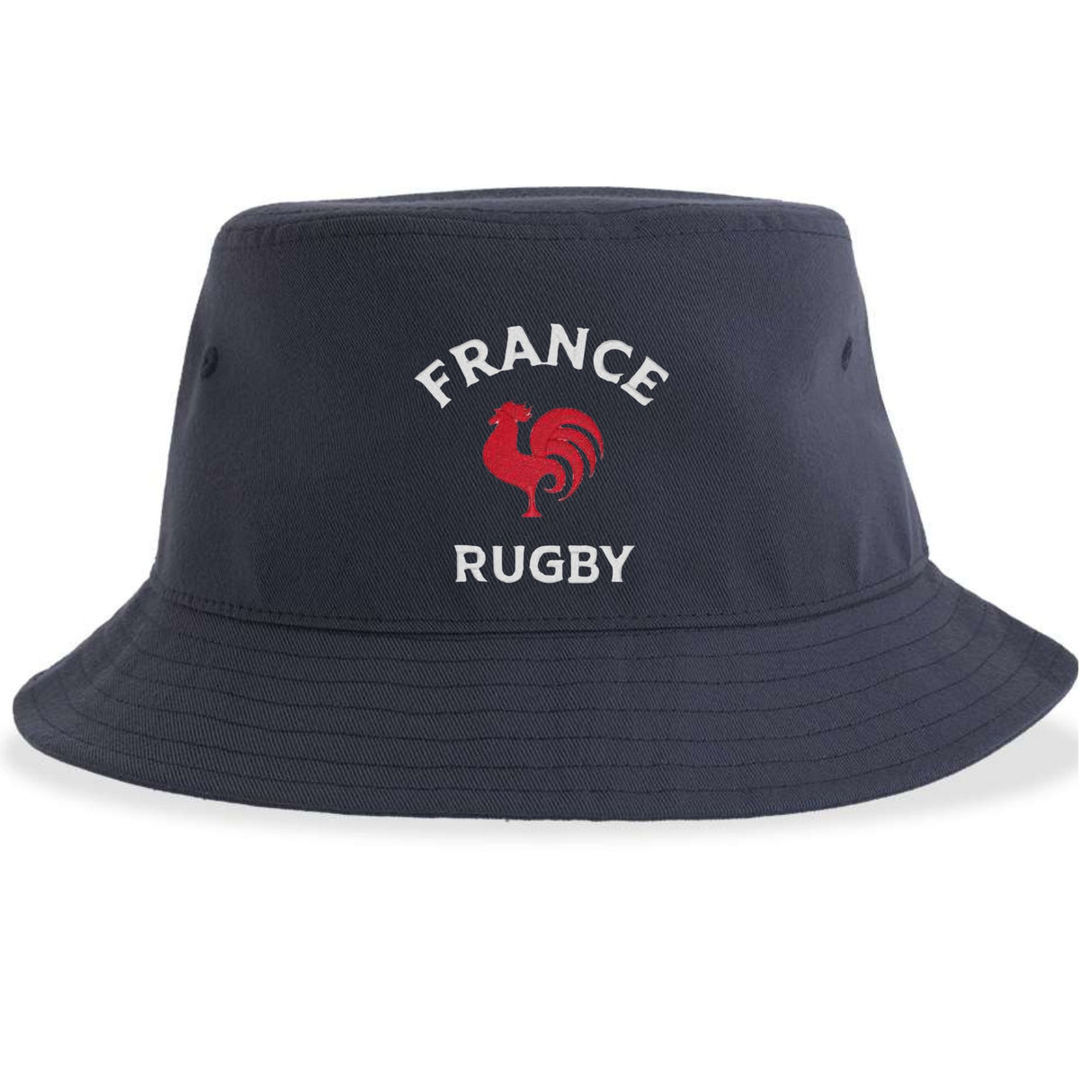 Show your team spirit with the Nations of Rugby France Rugby Sustainable Bucket Hat by EMB S&S Activewear, featuring "FRANCE RUGBY" and a bold red rooster emblem on the front. Crafted from recycled polyester, this sustainable bucket hat is ideal for eco-conscious fans cheering on their favorite team.