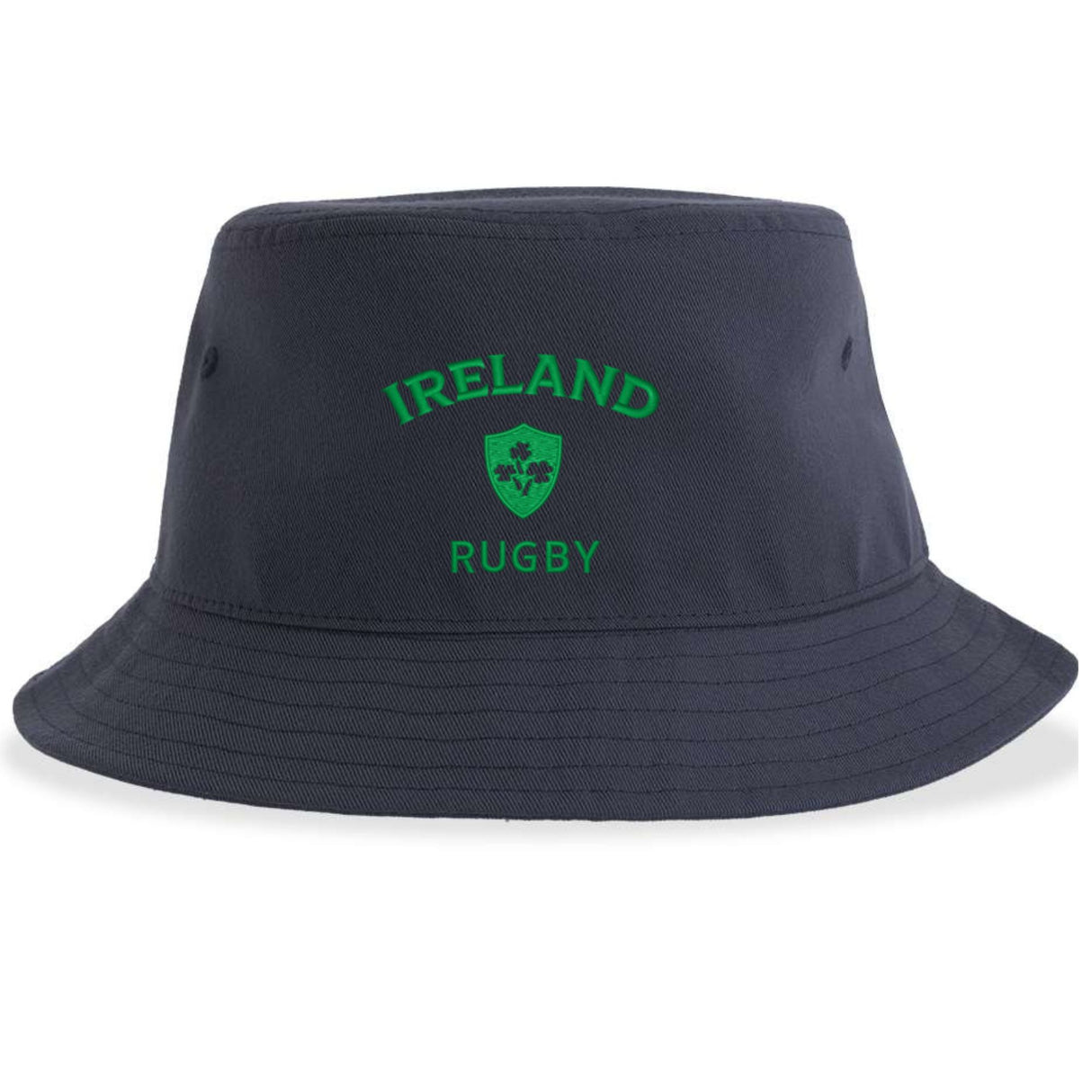 Introducing the Nations of Rugby Ireland Rugby Sustainable Bucket Hat by EMB S&S Activewear. This navy blue bucket hat showcases "IRELAND RUGBY" and a green shield with shamrocks on the front. Made from recycled polyester, it’s an eco-friendly choice for supporting your team in style.