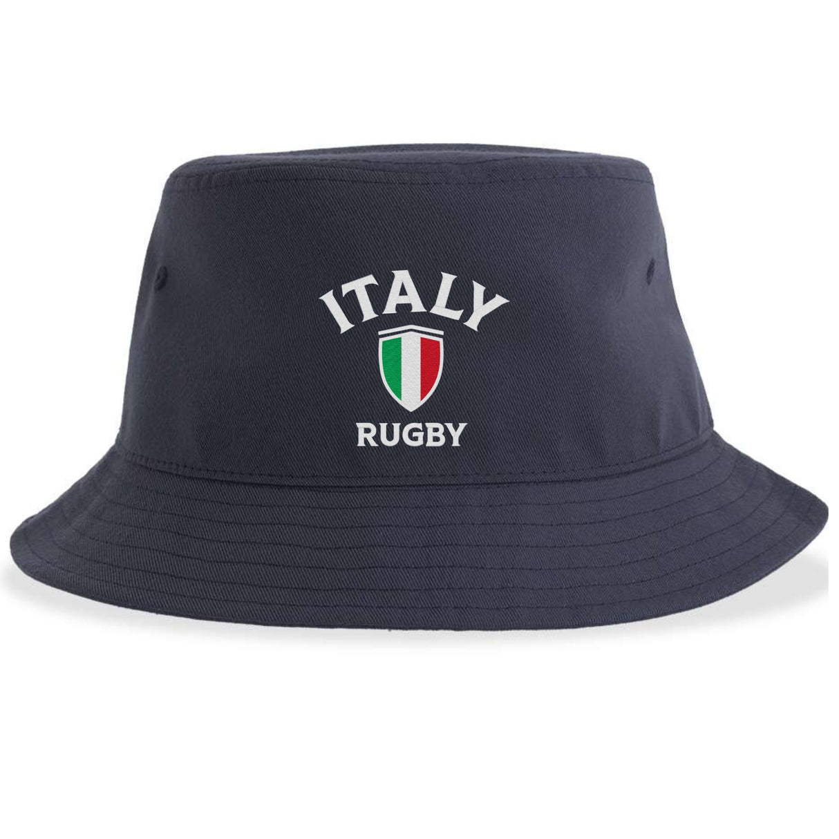 Introducing the Nations of Rugby Italy Rugby Sustainable Bucket Hat by EMB S&S Activewear—a stylish navy blue bucket hat crafted from recycled polyester, featuring "Italy Rugby" text and an Italian flag shield emblem on the front. The perfect sustainable accessory for rugby fans.