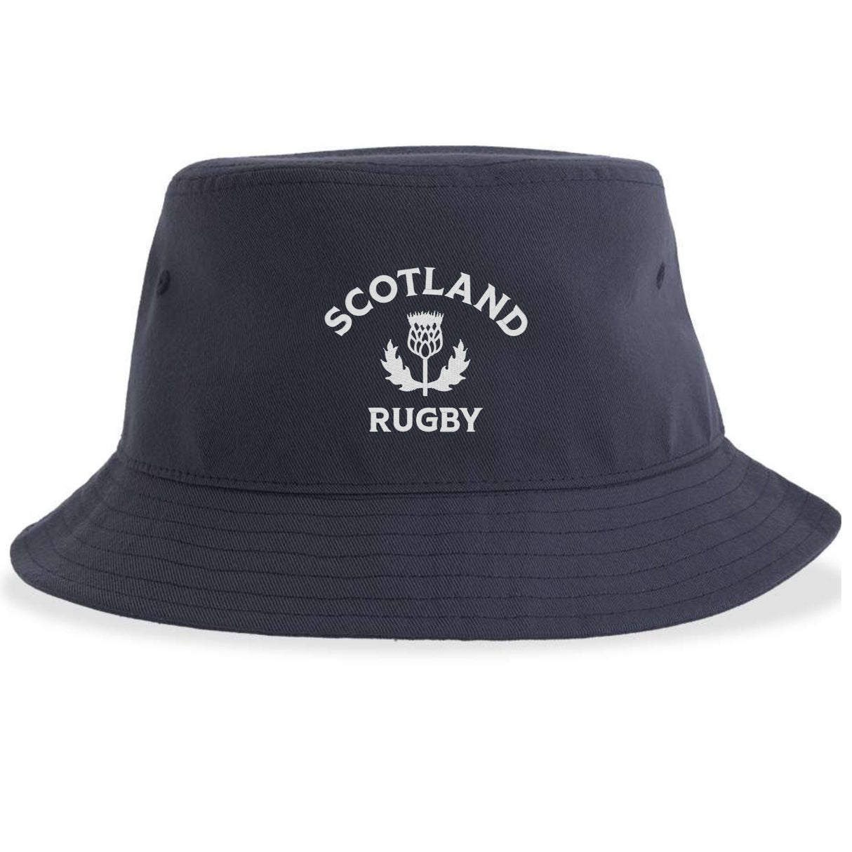 Check out the Nations of Rugby Scotland Rugby Sustainable Bucket Hat by EMB S&S Activewear, featuring "Scotland Rugby" and a thistle emblem printed in white on the front of a navy blue design. Made from recycled polyester, this bucket hat is a stylish and eco-friendly choice for any fan.