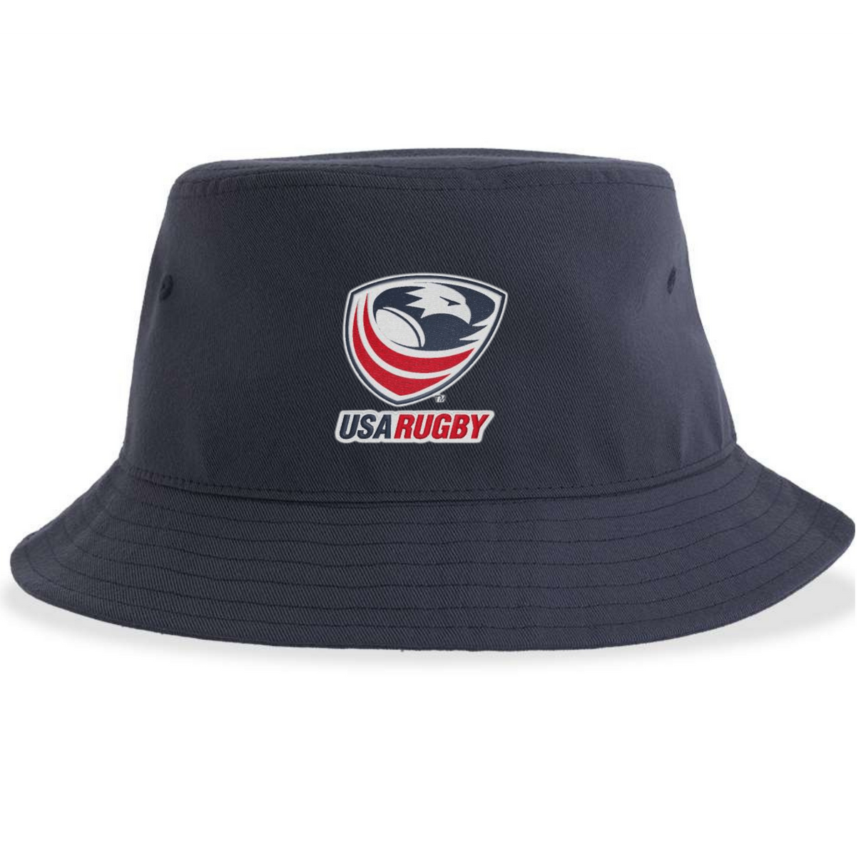 Introducing the USA Rugby Crest Sustainable Bucket Hat by EMB S&S Activewear—a navy blue bucket hat made from recycled polyester for eco-friendly style and comfort. The front showcases the official USA Rugby logo, featuring a stylized eagle head with red text, prominently centered.