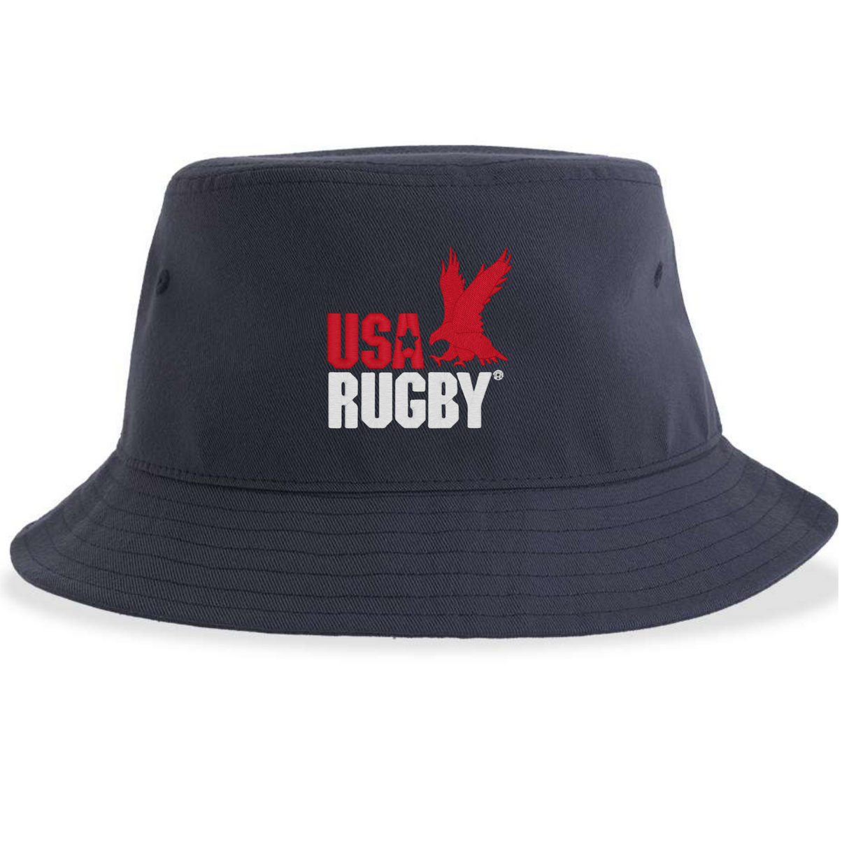 The USA Rugby Throwback Sustainable Bucket Hat by EMB S&S Activewear features a classic navy blue design with "USA RUGBY" and a bold red eagle logo on the front. Combining iconic heritage with modern flair, this hat is perfect for fans seeking a retro rugby style.