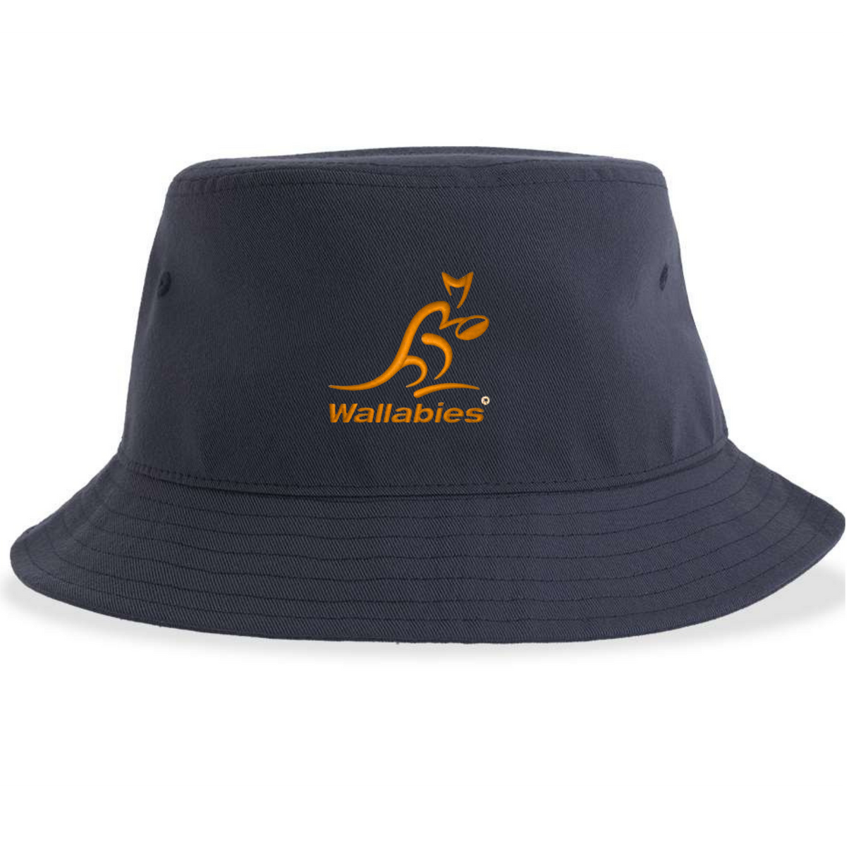 The Wallabies Sustainable Bucket Hat by EMB S&S Activewear is a navy bucket hat featuring an orange embroidered Wallabies kangaroo logo and text on the front.