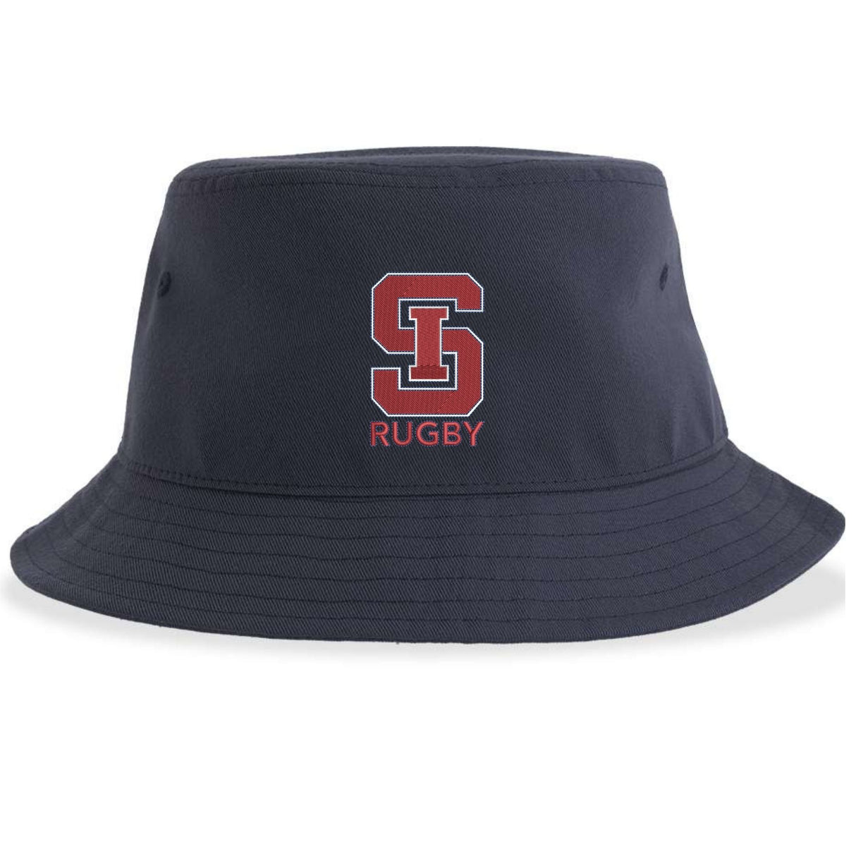 The St. Ignatius Rugby Sustainable Bucket Hat by EMB S&S Activewear showcases a red and white "S" logo above the word "RUGBY" on the front and is crafted from recycled polyester, offering a stylish and eco-friendly bucket hat option.
