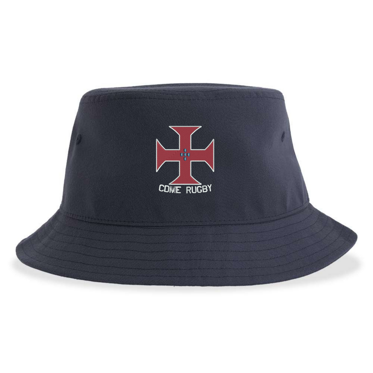 The SF CDME Rugby Sustainable Bucket Hat by EMB S&S Activewear is an unstructured navy blue bucket hat, featuring a red cross with a small blue center and "CDME RUGBY" embroidered below the emblem.