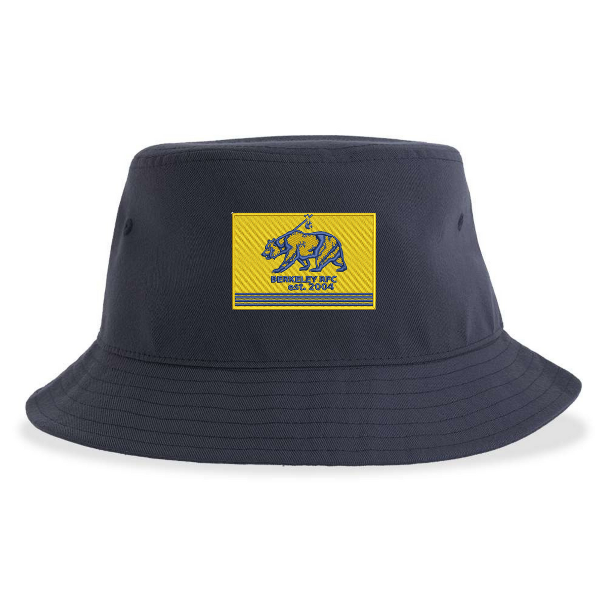 Dark navy blue Berkeley RFC Sustainable Bucket Hat featuring a rectangular yellow patch with a blue grizzly bear logo and the text “BERKELEY RFC est. 2004.”