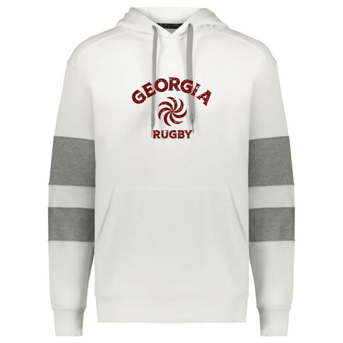 The WRS Augusta Nations of Rugby Georgia Jackson Way Hoodie is white with gray sleeve stripes, a front pocket, and features a maroon "GEORGIA RUGBY" logo with a swirl design on the chest.