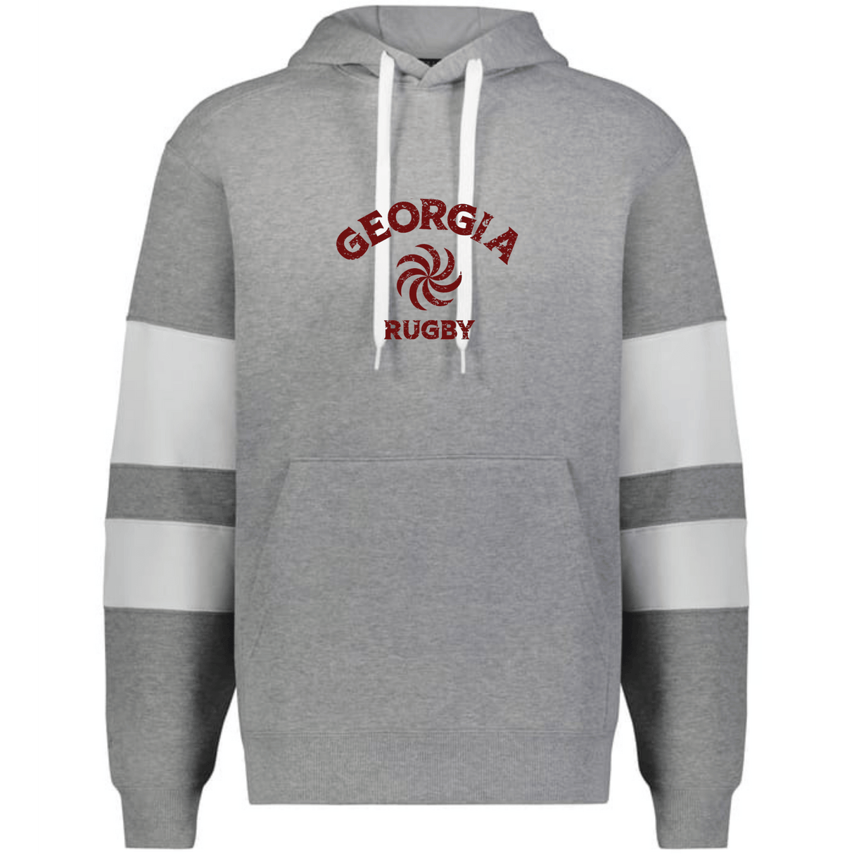 Show your Georgia pride with the Nations of Rugby Georgia Jackson Way Hoodie by WRS Augusta. This gray rugby hoodie features white drawstrings, two white sleeve stripes, "GEORGIA RUGBY," and a red swirl emblem on the chest.