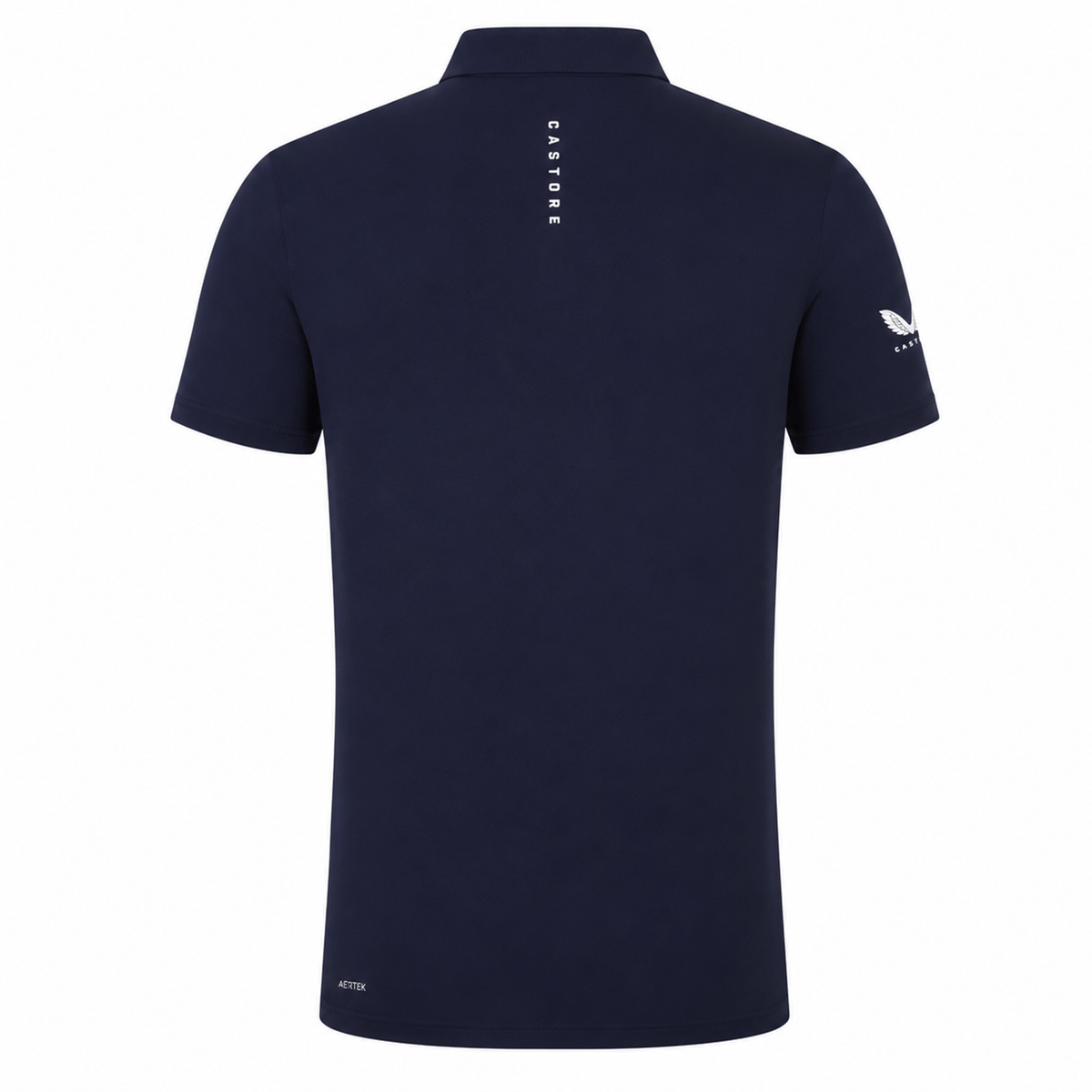 The Leinster 24/25 Club Essential Polo by Castore is a navy short-sleeve polo shown from the back, with a small white sleeve logo and vertical branding at the upper center. Lightweight and breathable for all-day comfort.