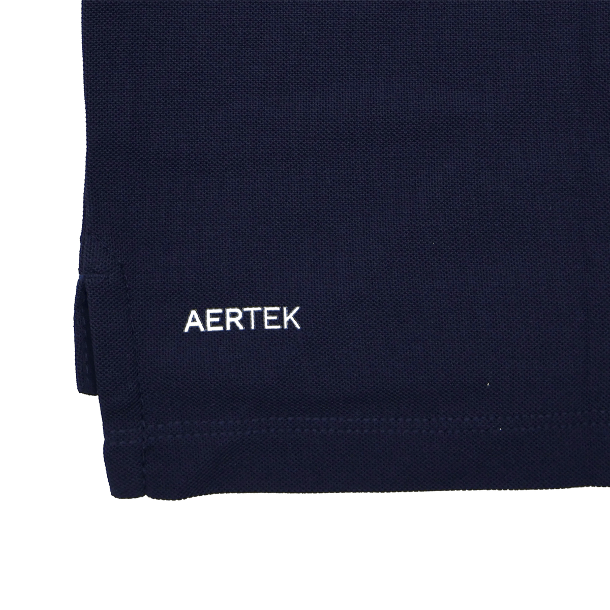 Close-up of the Leinster 24/25 Club Essential Polo by Castore, a navy blue lightweight, breathable polo with "AERTEK" embroidered in white on the lower edge.