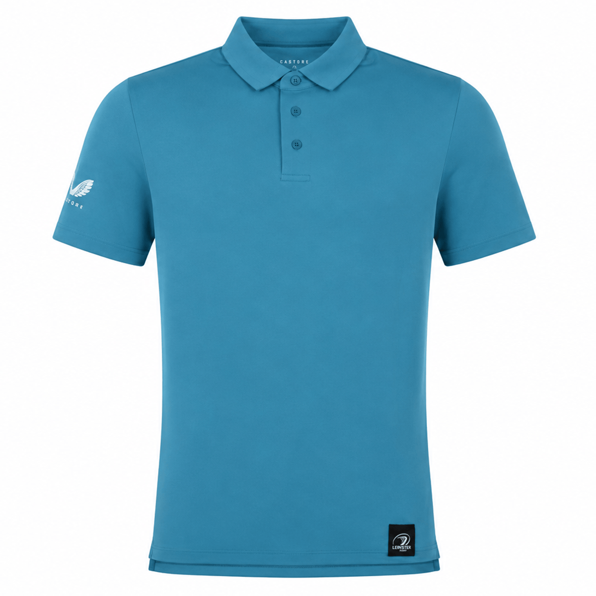 The Leinster 24/25 Club Essential Polo by Castore is a teal, lightweight, breathable polo with a collar, three buttons, an embroidered logo on the left sleeve, and a black patch near the hem.