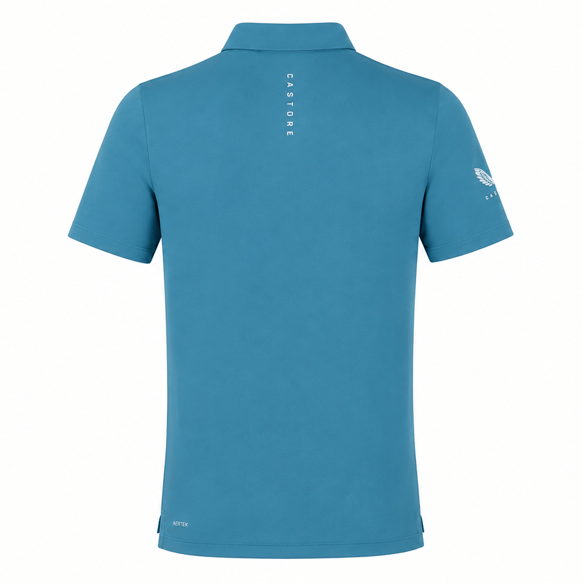 The Leinster 24/25 Club Essential Polo by Castore is a blue short-sleeve polo, shown from the back with "Castore" vertically on the upper back and a small logo on the left sleeve. Lightweight and breathable for comfort and style.