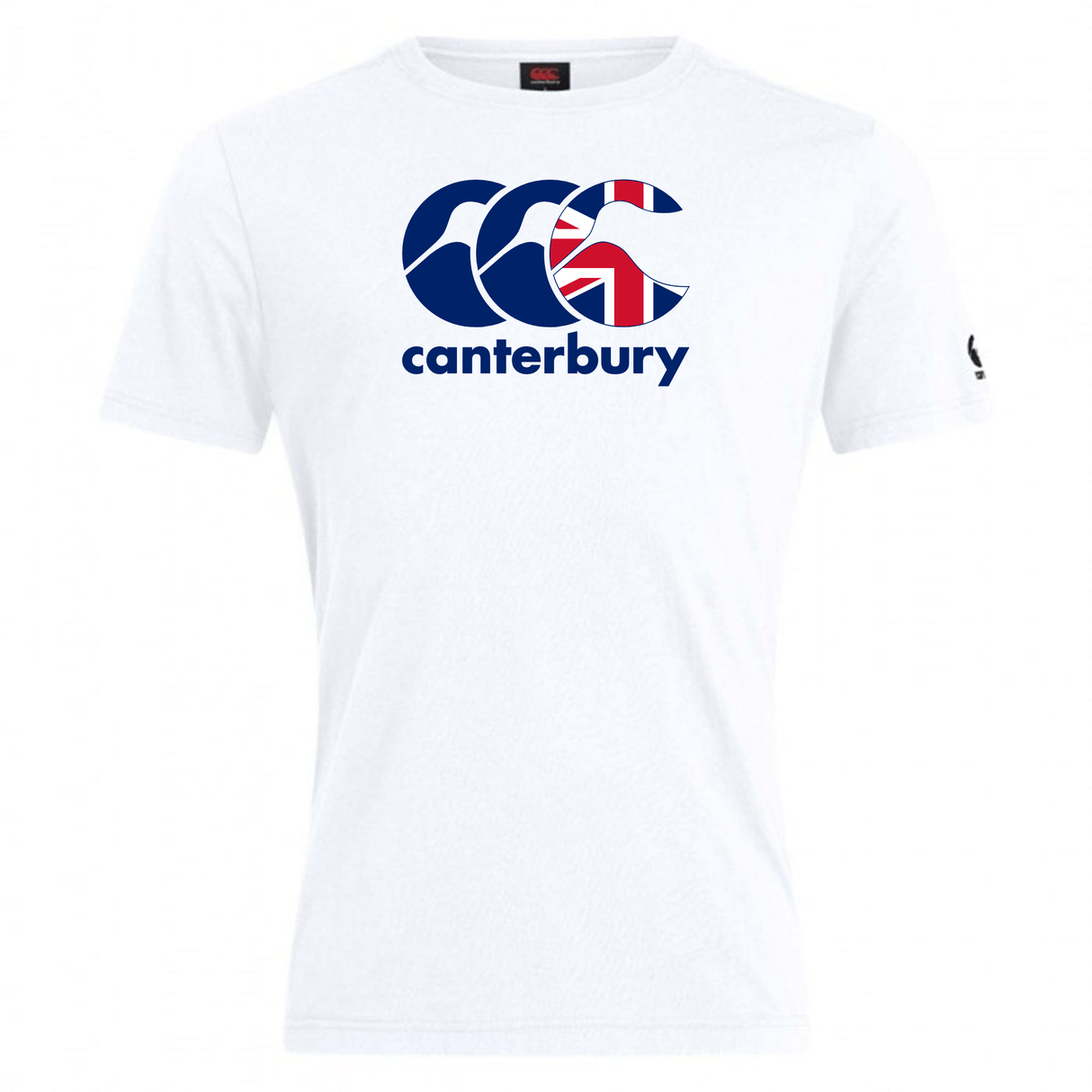 The Canterbury Great Britain CCC Flag Club T-Shirt by WRS Canterbury is a white tee, featuring "Canterbury" in blue and the iconic logo with the stylized pattern of the Great Britain CCC Flag above it.