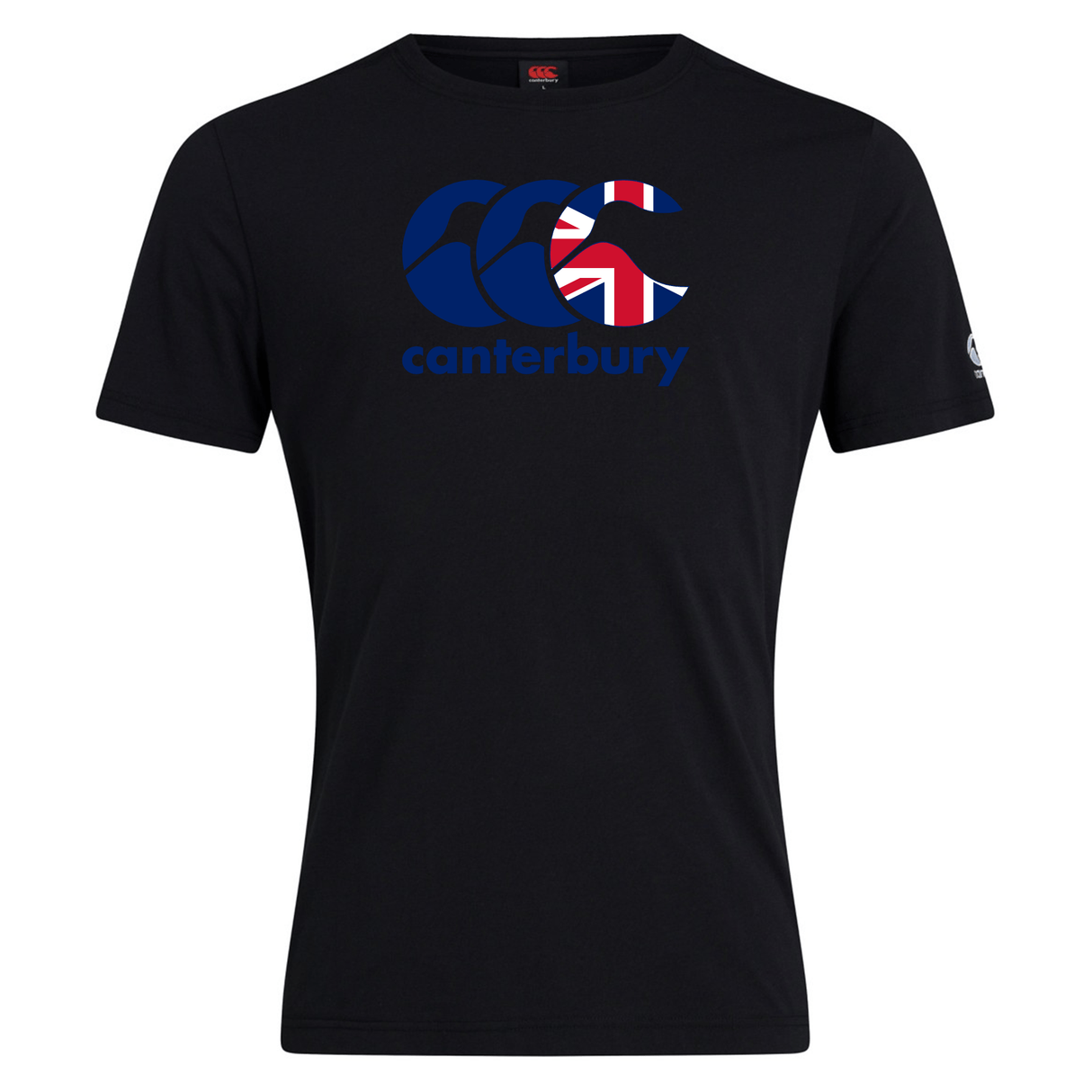 Black Canterbury Great Britain CCC Flag Club T-Shirt from WRS Canterbury, featuring "Canterbury" and a Kiwi Logo with a Union Jack design on the chest.