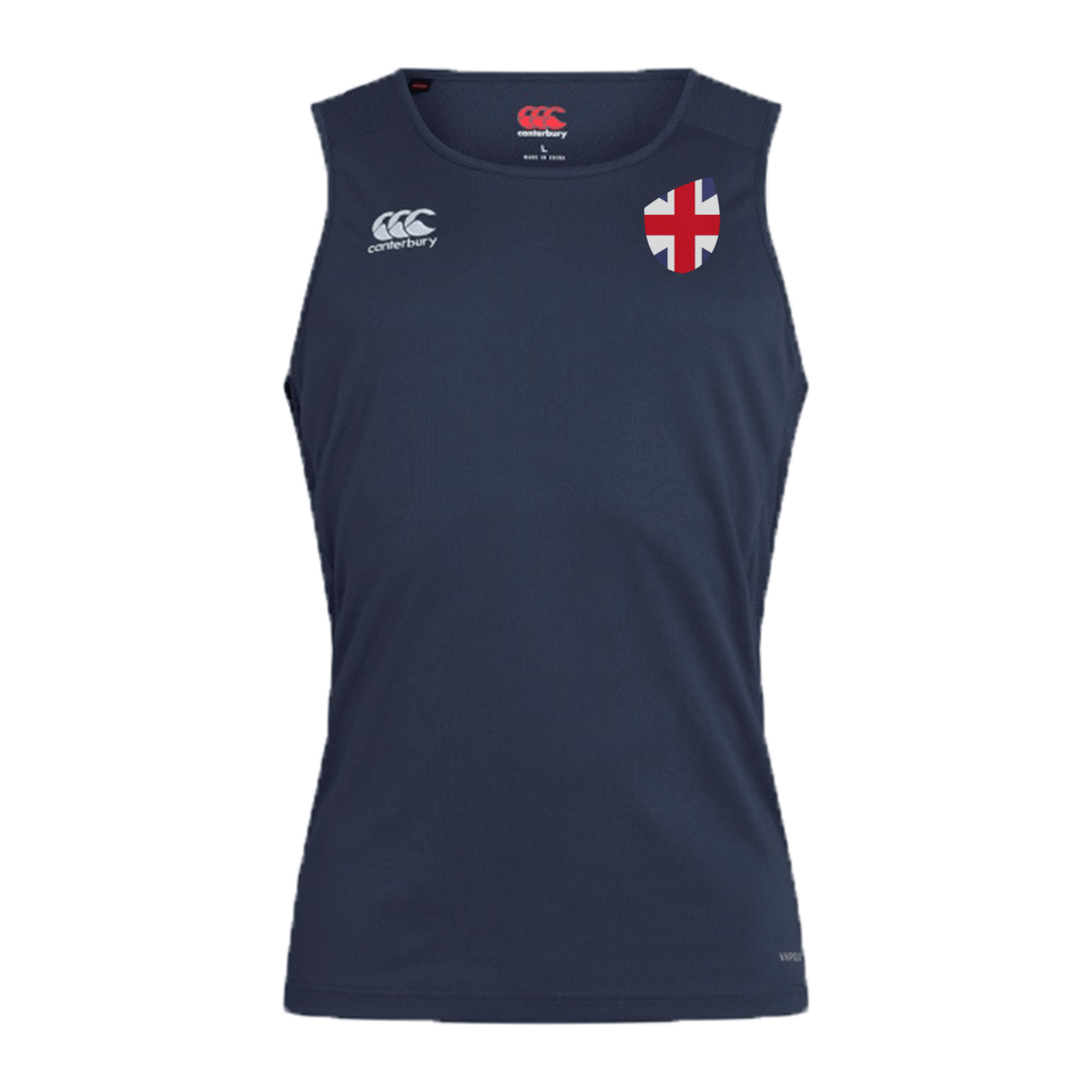 Navy blue sleeveless EMB Canterbury Club Dry Singlet with the Great Britain Shield on the chest.