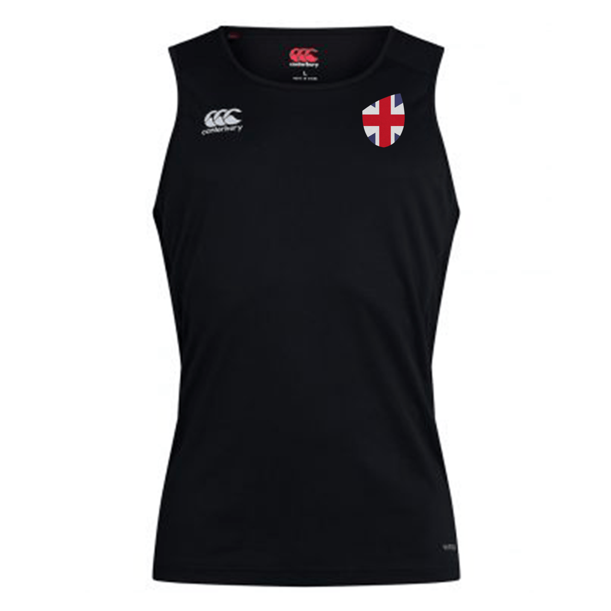 A black EMB Canterbury sleeveless Great Britain Shield Club Dry Singlet with the Canterbury logo and a Great Britain shield on the chest.
