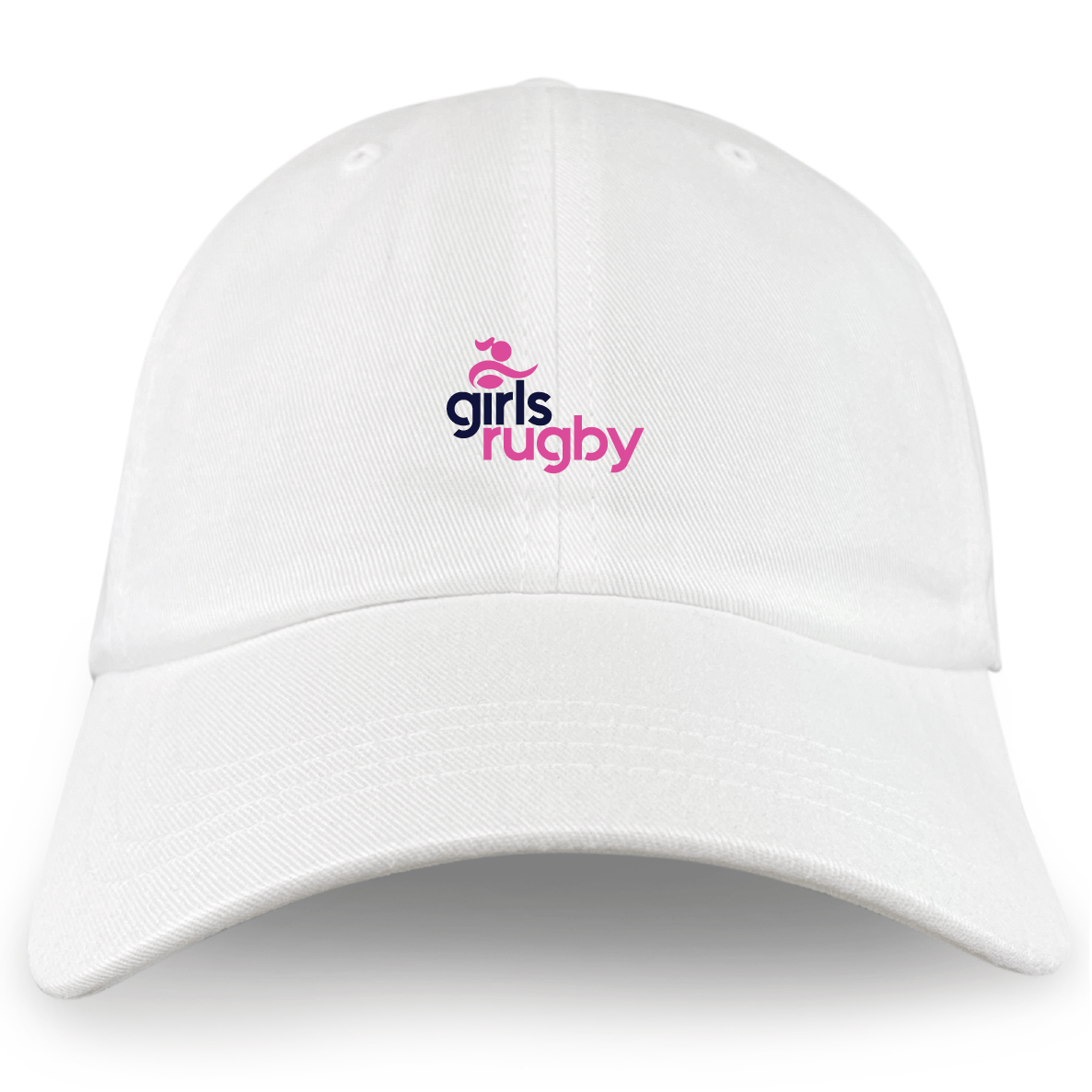 Support your team with the EMB S&S Activewear Girls Rugby Adult Low-Profile Cotton Twill Dad Cap, featuring "girls rugby" embroidered in blue and pink and a small pink rugby ball icon above the text.