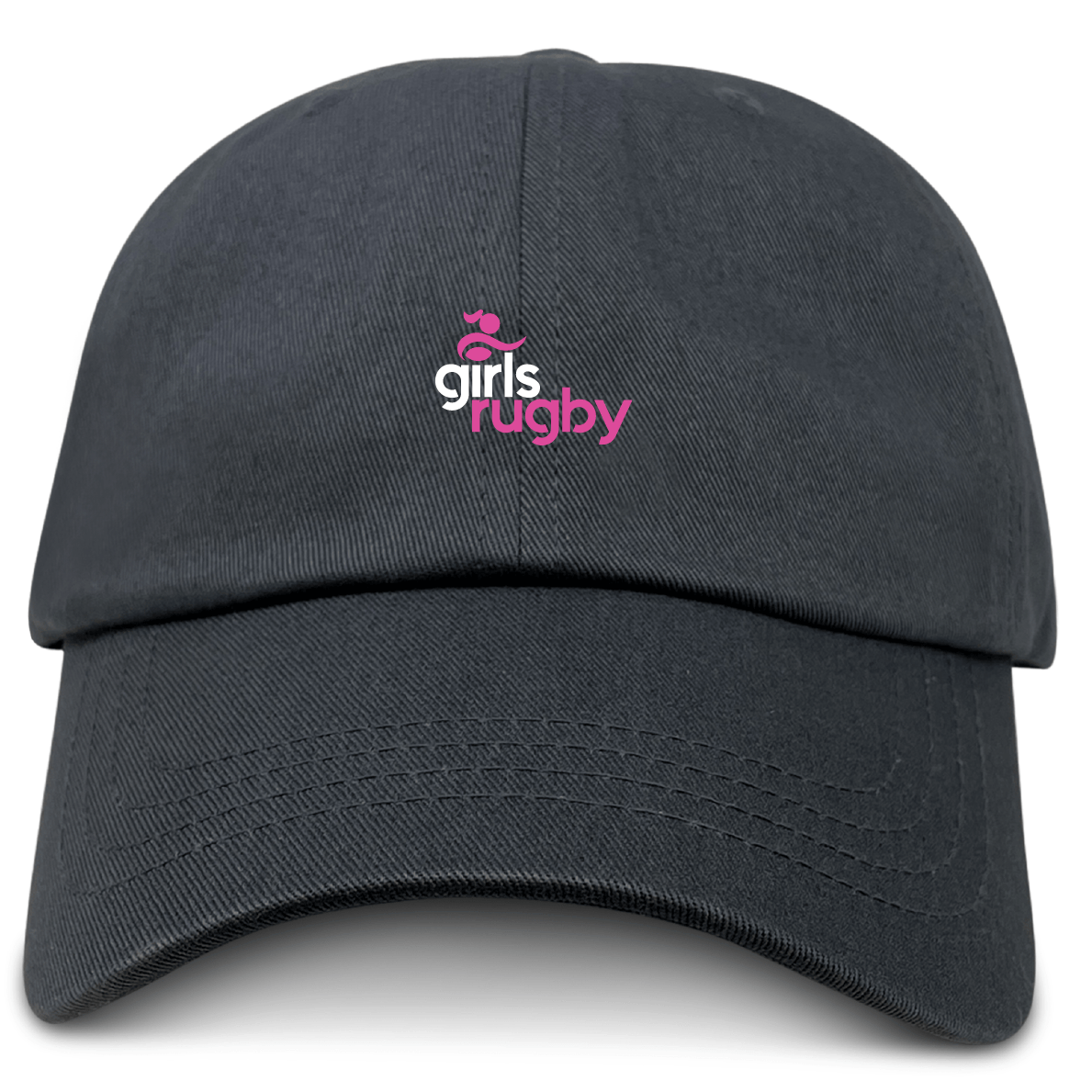 Show support with the Girls Rugby Adult Low-Profile Cotton Twill Dad Cap by EMB S&S Activewear, featuring a black design and “girls rugby” logo in pink and white on the front.